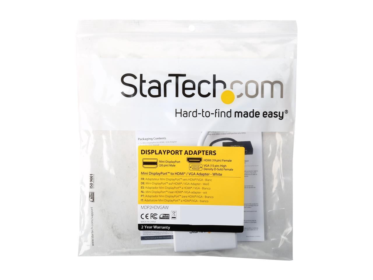 StarTech.com MDP2HDVGAW Travel A/V Adapter - 2-in-1 Mini DisplayPort to HDMI or VGA Converter - mDP to HDMI or VGA Adapter w/ Compact Portable Design