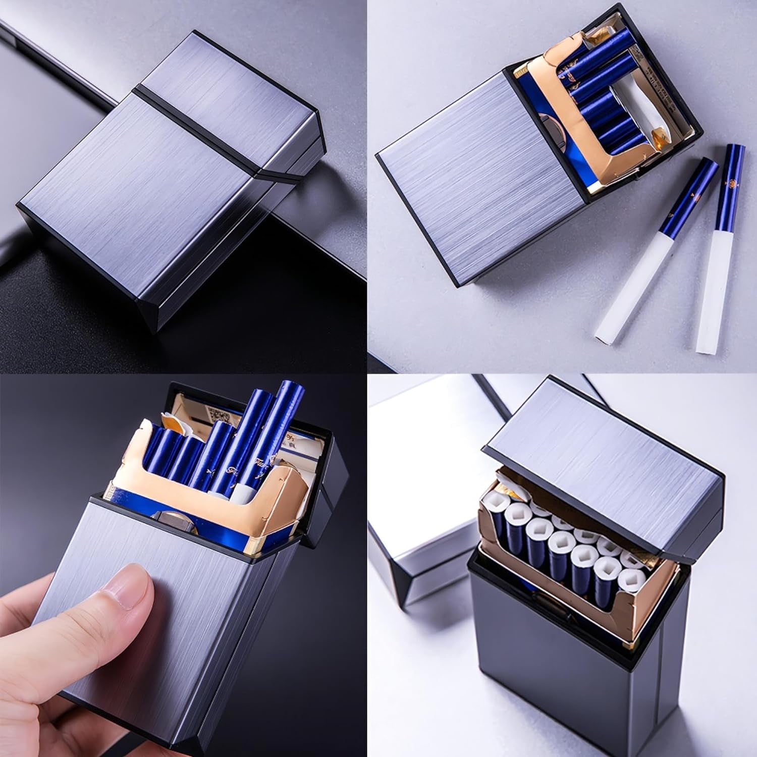 4 PCS Aluminum Cigarette Case Metal Cigarette Box with Magnetic Switch Flip  Top 85mm Size Closure Brushed Cigarette Protective Cover for Men and Women,  18-20 Capacity
