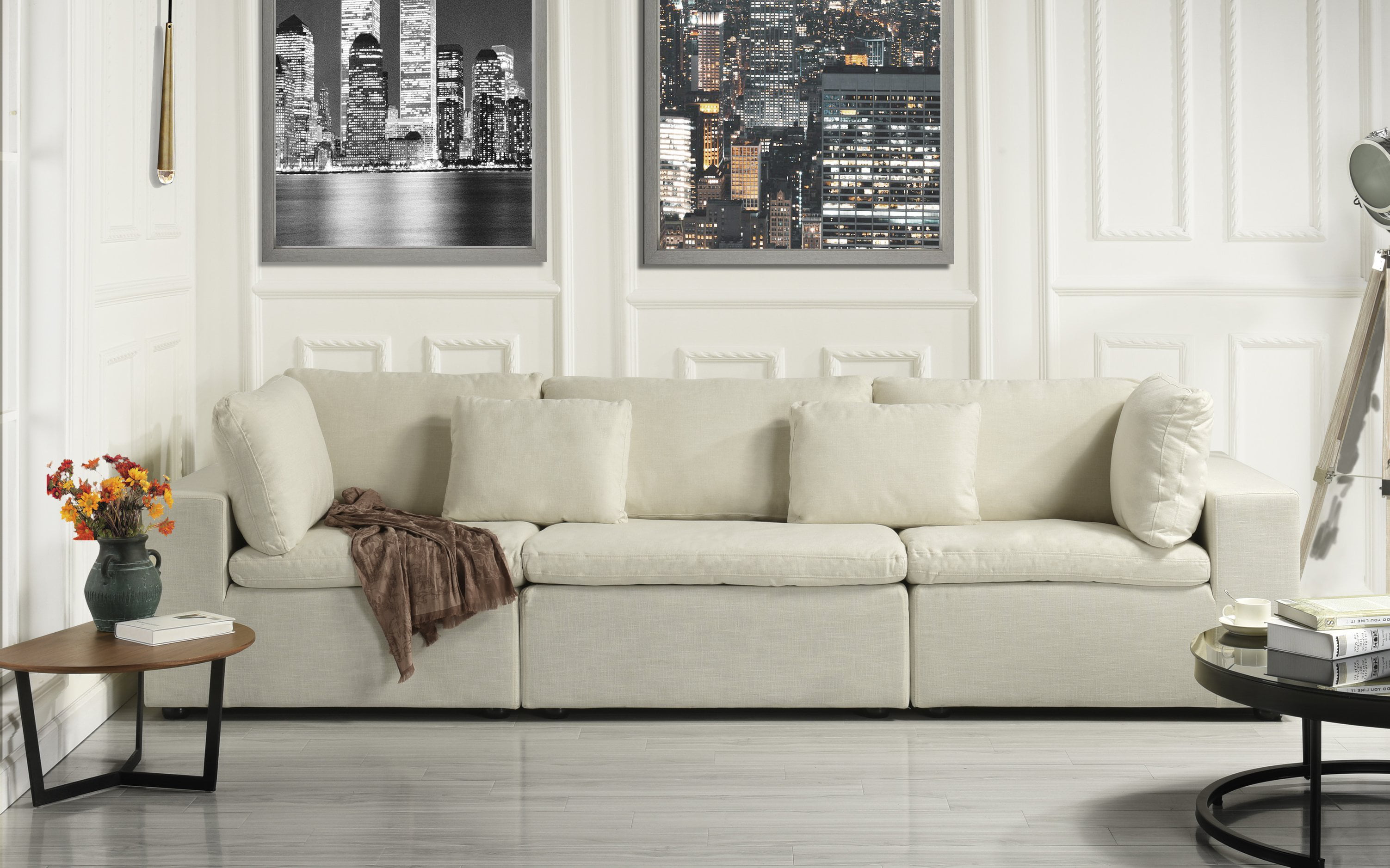 Large Classic Living Room Linen Fabric Sofa Ivory Walmartcom Walmartcom