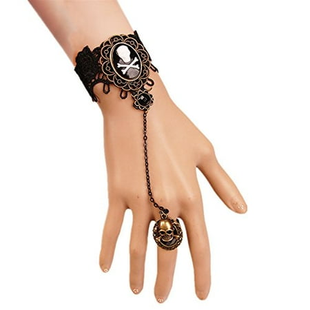 MIUNIKO Women Holiday Personality Pirate Skull Bracelet Wristband with Finger Ring Jewelry Accessory Black*** Size = One Size