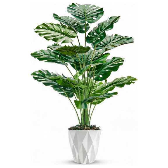 Miracliy 1 Pack 70cm Artificial Monstera Plant, Faux Tropical Split Leaf Plant with White Diamond Geometric Pot, Indoor Home Office Floor Decor