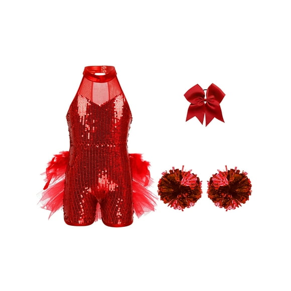 dPois Kids Girls Cheer Leader Dance Costume Cheerleading Outfit Dress Mock Neck Sequin Leotard with Red 14