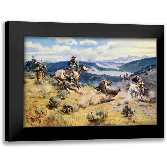Russell, Charles M. 14x11 Black Modern Framed Museum Art Print Titled - Loops and Swift Horses Are Surer Than Lead