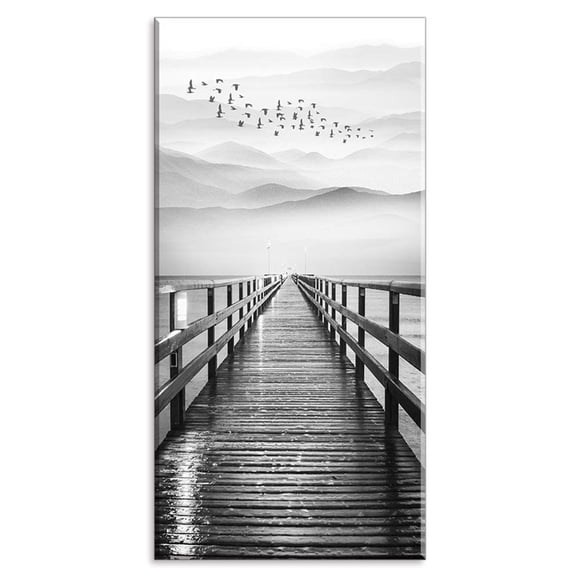 Art Mural de Lac pour Couloir d'Allée, PIY Quai Noir et Blanc avec Oiseaux en Vol Impressions sur Toile Déco, Quai Calme Vertical Paysage de Montagne (Oeuvre d'Art de 1 Pouces d'Épaisseur, Imperméable, Montage sur Support Prêt à Accrocher)