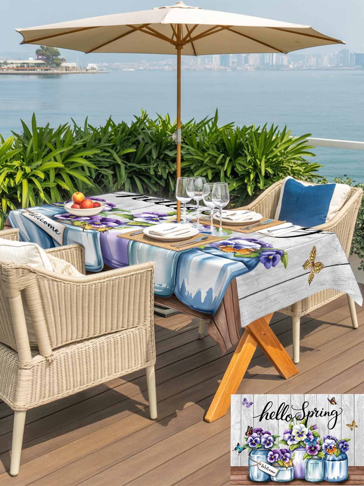 Hello Spring Outdoor Tablecloth - 60x120 Inch Rectangle Dining Table Cover, Pastoral Purple Bottle Floral Gray Wooden Waterproof Outdoor Table Cloth with Umbrella Hole & Zipper for Picnic/Patio/Party