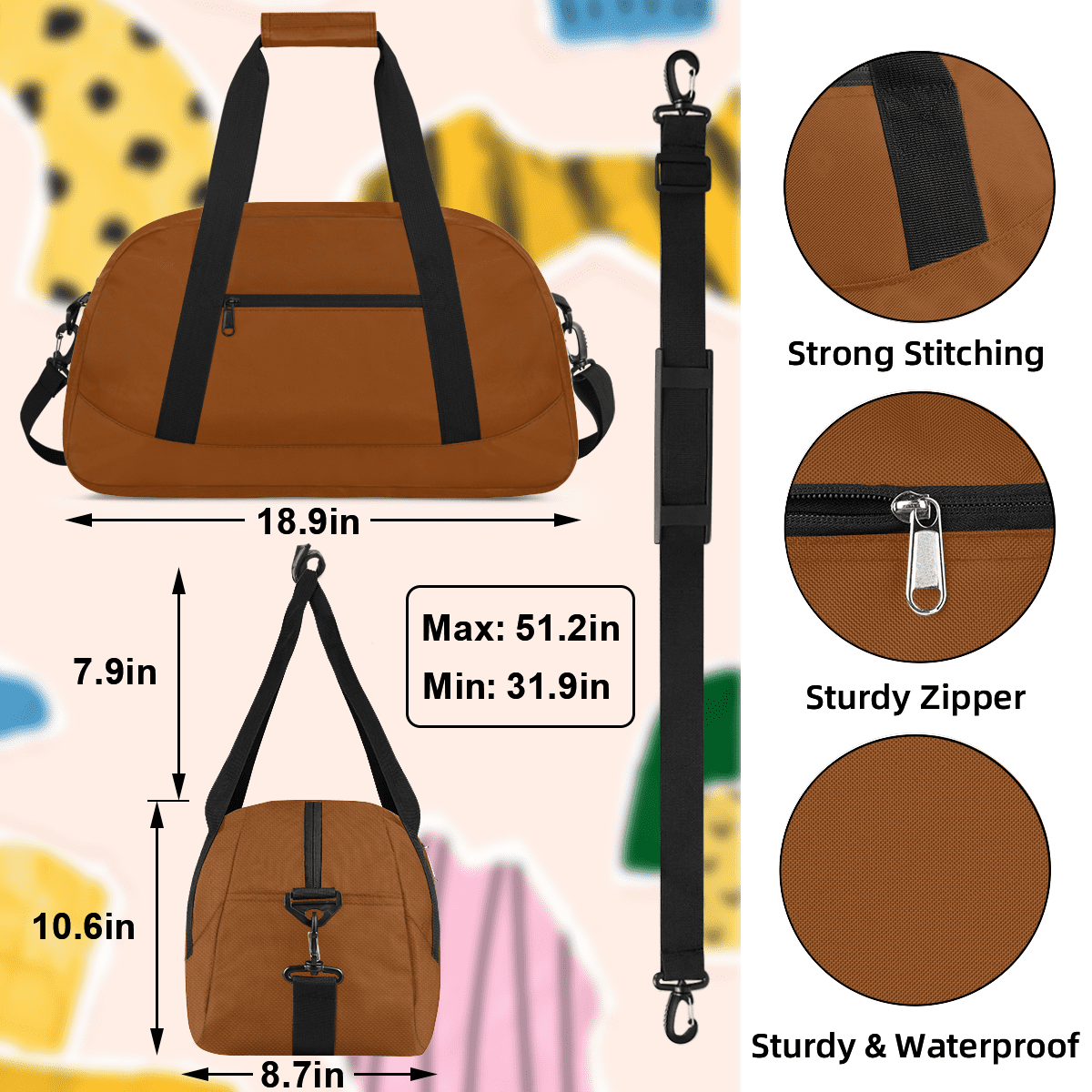 Herdesigns Brown Sports Duffle Bag for Women & Men, Gym Bag Dance Bag Overnight Bag Carry On Weekender Travel Bag