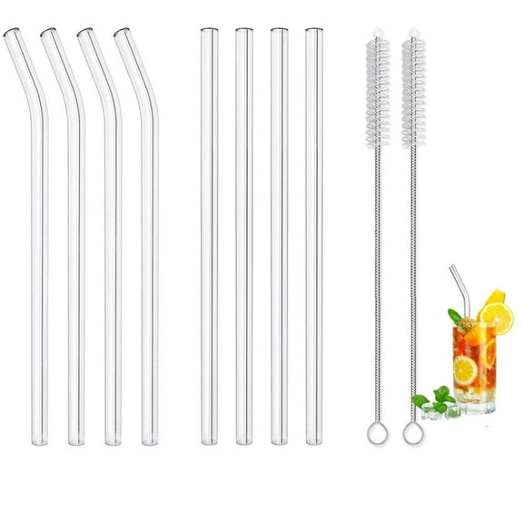 Topboutique 8-Pack Reusable Glass Straws ,Glass Straws Shatter Resistant,8.5'' x 10mm,4 Straight and 4 Bent with 2 Straw - Perfect for Smoothies, Milkshakes, Tea, Juice - Dishwasher Safe,Clear