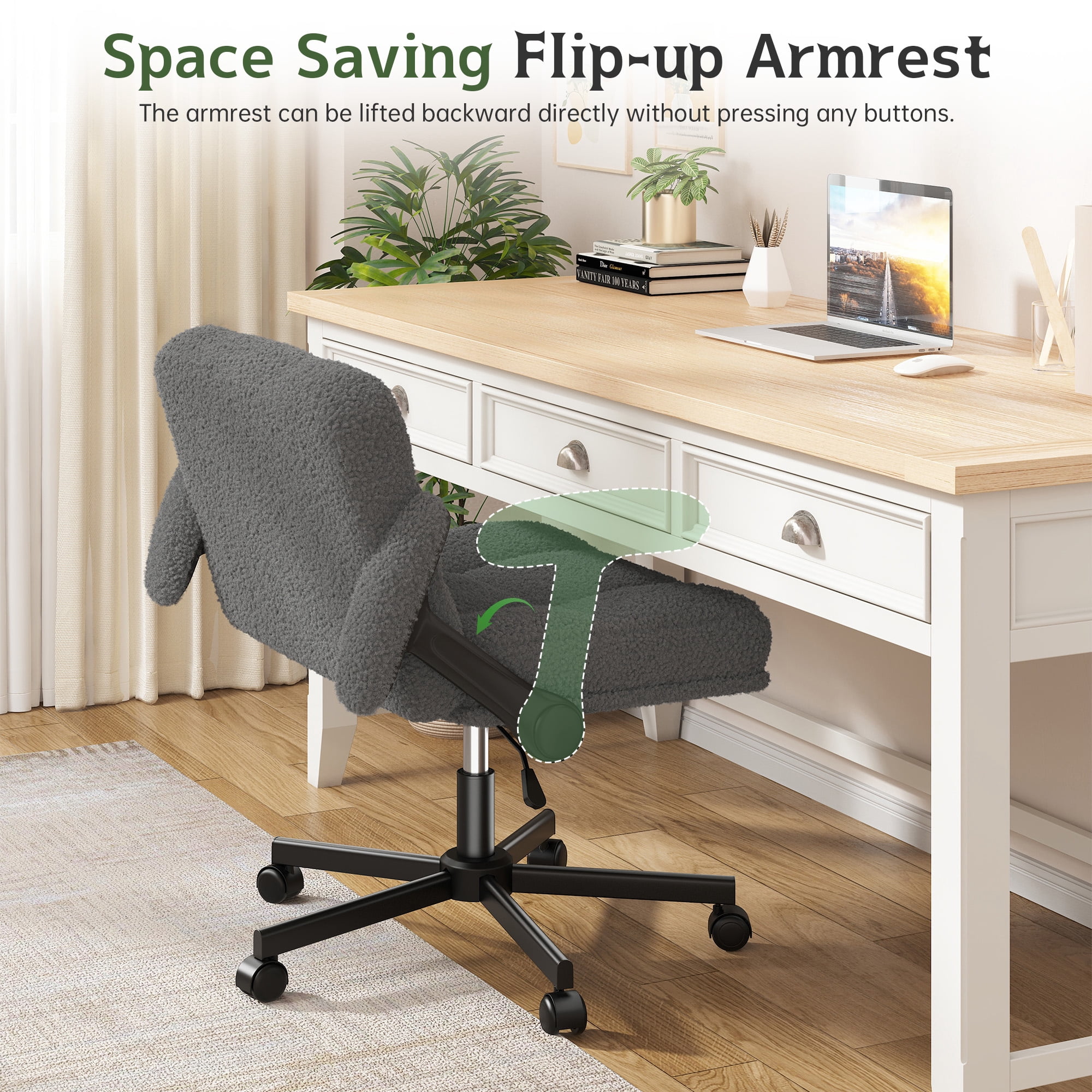 Romorgniz Criss Cross Chair with Flip-up Arms & Wheels Desk Chair with Adjustable Height & Teddy Plush Fabric for Bedroom, Home Office Desk, Vanity, Gray