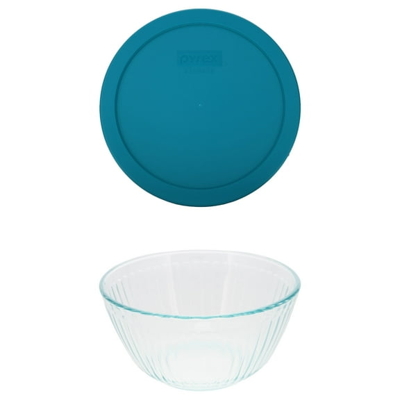 Pyrex (1) 7402 6-Cup/1.5L Sculpted Glass Mixing Bowl and (1) 7402-PC 6/7-Cup Adriatic Blue Lid