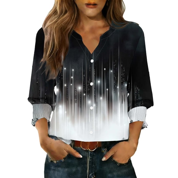 YUGYXL Button Down Shirts for Women 3/4 Length Sleeve Business Casual Blouses Summer Tops A Black S
