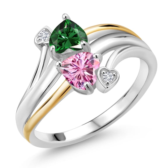 Gem Stone King 925 Silver and 10K Yellow Gold Lab Grown Diamond Ring Nano Emerald and Pink Moissanite (1.02 Cttw, Size 9)