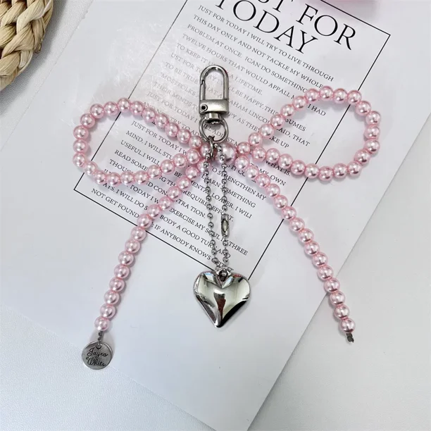 Llavero de corazón de lazo blanco plateado para mujer, llavero de mochila con lazo de perla, joyería hecha a mano, adorno de bolsos, colgantes Gif