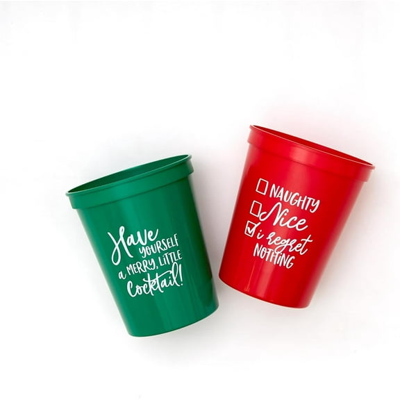 Holiday Naughty and Nice Red and Green Party Cups, 12 oz Stadium Cups, set of 12