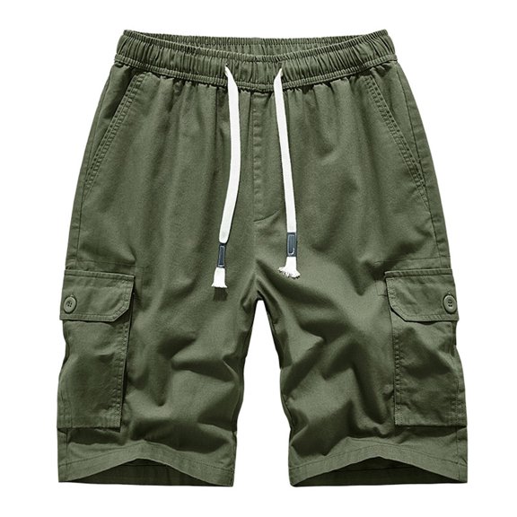 HOOMEUMY Men's Cargo Shorts Summer Cotton Baggy Drawstring Elastic Waist Military Shorts with Multi Pockets Straight Fit Khaki Gray Green Black Shorts Army Green 10
