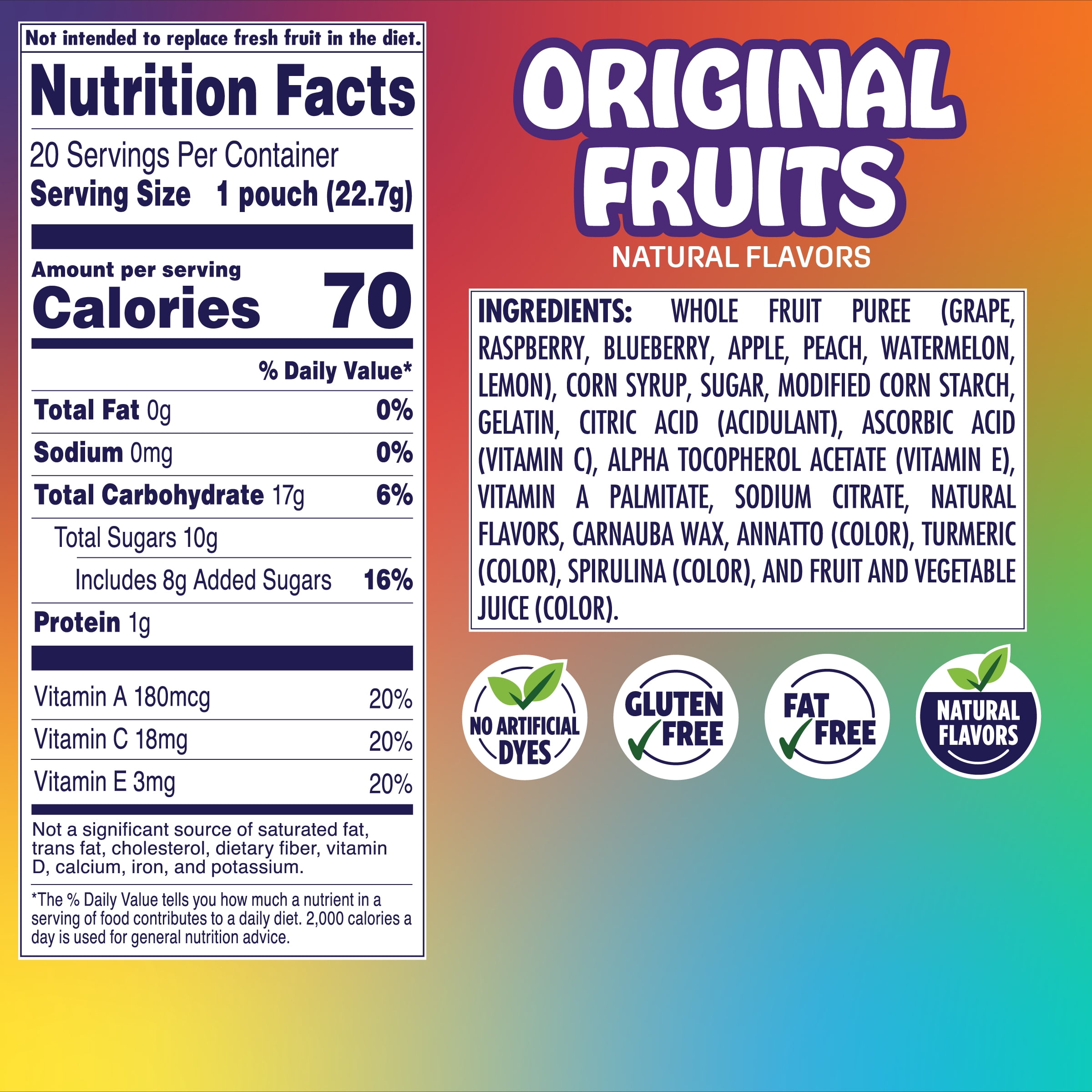 Welch's Fusions, Original Fruits, Soft Fruit Snacks, Gluten-Free, .8 oz, 20 Count