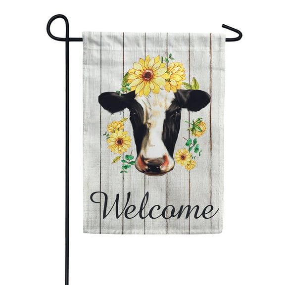 America Forever Welcome Happy Cow Sunflower Summer Garden Flag 12.5 x 18 inches Country Farm Life Rustic Cattle Yellow Floral Double Sided Seasonal Yard Outdoor Decorative Farm Animal Garden Flag
