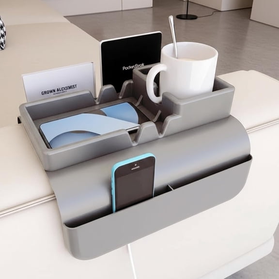 ABPETE Couch Arm Cup Holder - Silicone Sofa Armrest Tray with 5 Side Pockets, Anti-Slip Armrest Recliner Armchair Caddy, Sofa Table Organizer for Drinks Tablet Remote Snacks Cellphone Cup (Grey)