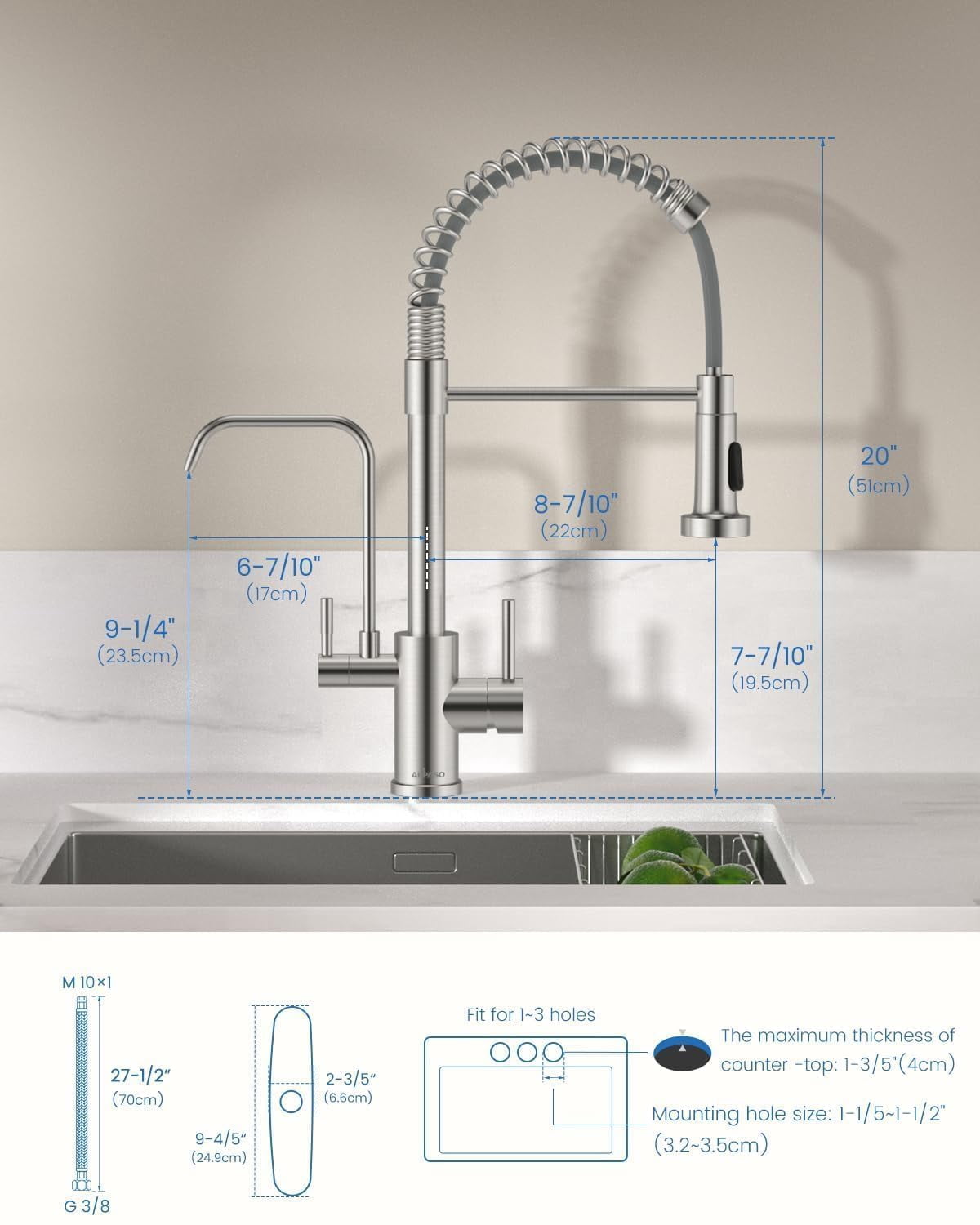 APPASO 3-in-1 Pull Down Kitchen Faucet with Drinking Water Dispenser, 20" High Arc Water Filter Faucet, Brushed Nickel, No Filtration System Included