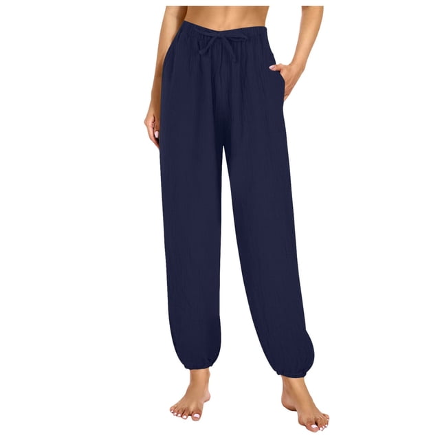 Pantalones de pijama de mujer de color liso, elásticos, con cintura elástica y efecto adelgazante - Ropa informal para casa con tejido arrugado y puños ajustables con cordón