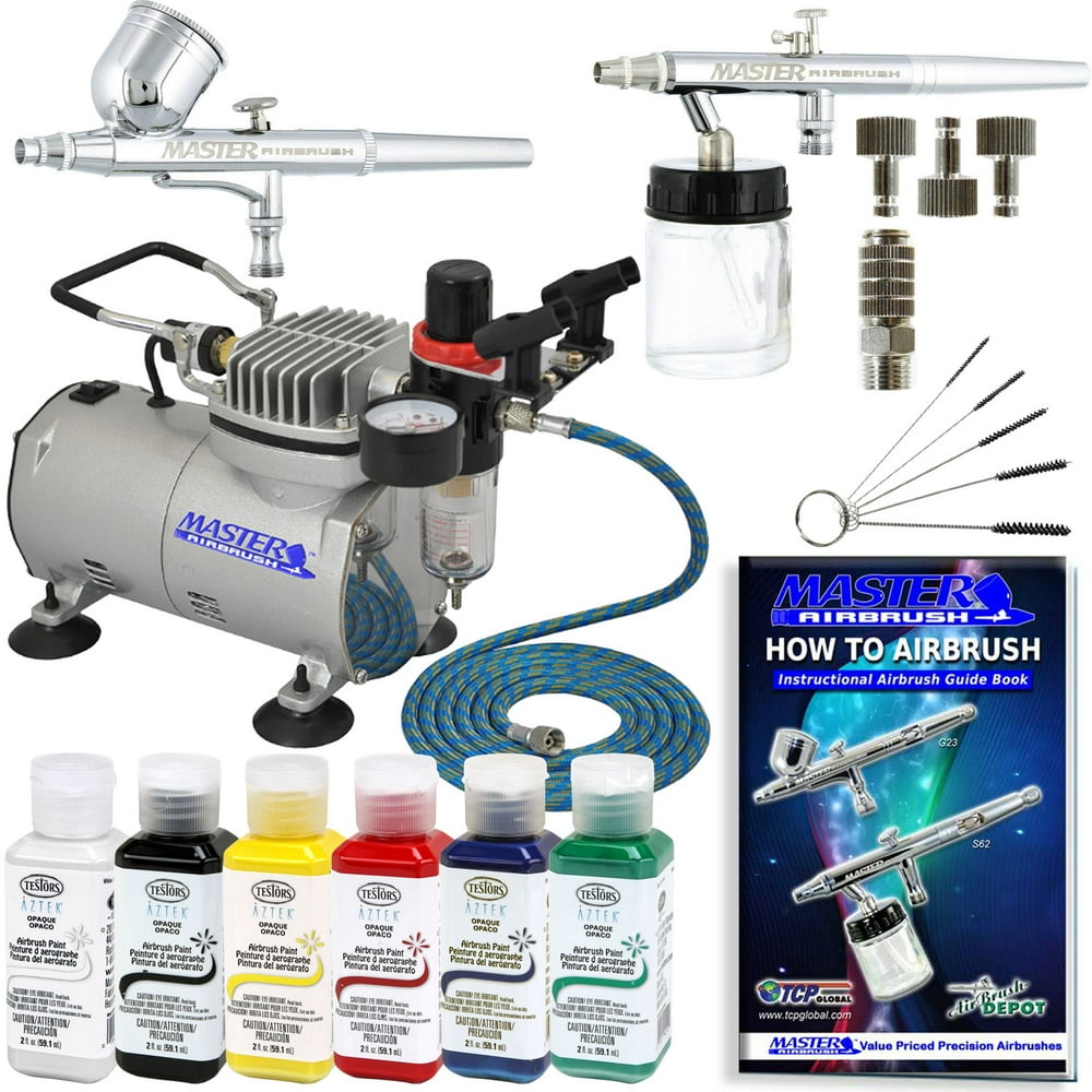 2 AIRBRUSH SYSTEM KIT w/ 6 Primary Testors Aztek Paint Color Set, Air Compressor