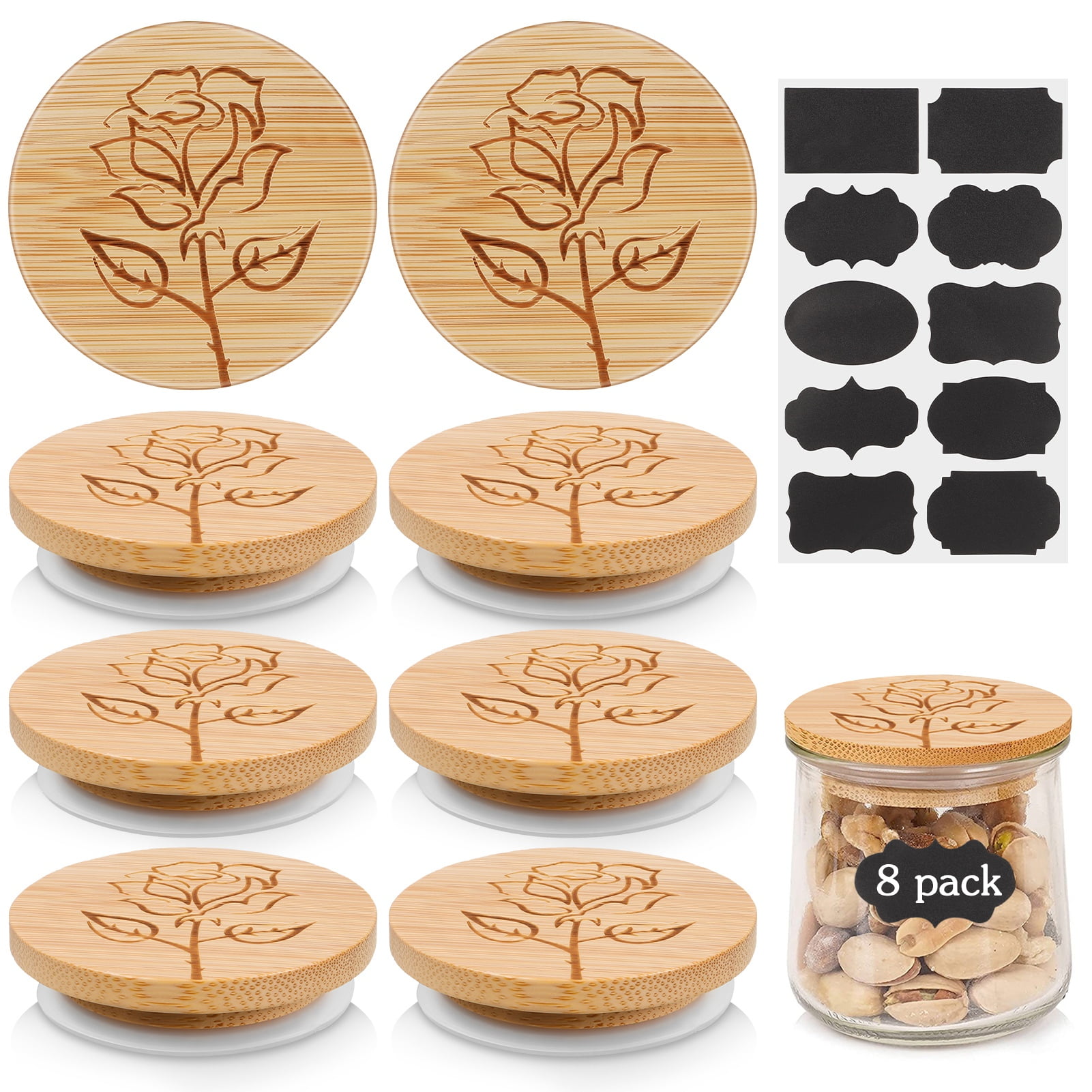 BUBABOX 8 Pcs Oui Yogurt Jar Lids Set, 2.6 inch Bamboo Jar Lids with