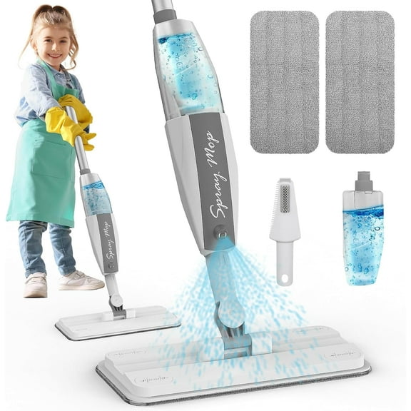 Kids Spray Mop with Real Water Sprayer, Microfiber Pads & Scraper, Toddler Cleaning Tool Set Toys for Boys Girls Aged 4 