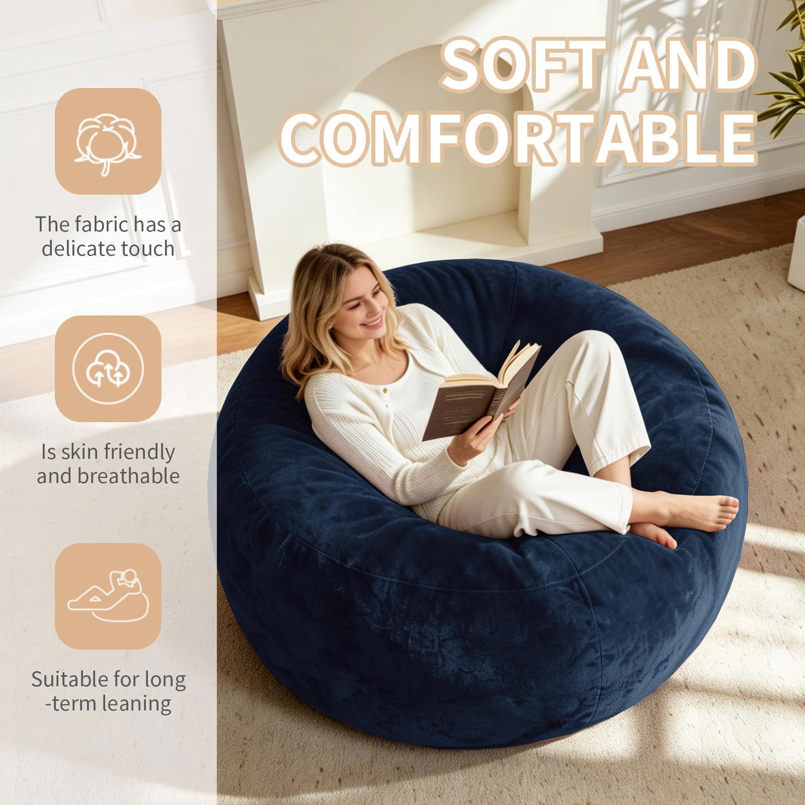 Hommoo 4FT Bean Bag Chair, Memory Foam Filling Soft Sofa with Flannel Cover, Round Sofa for Living Room, Bedroom, College Dorm, Blue