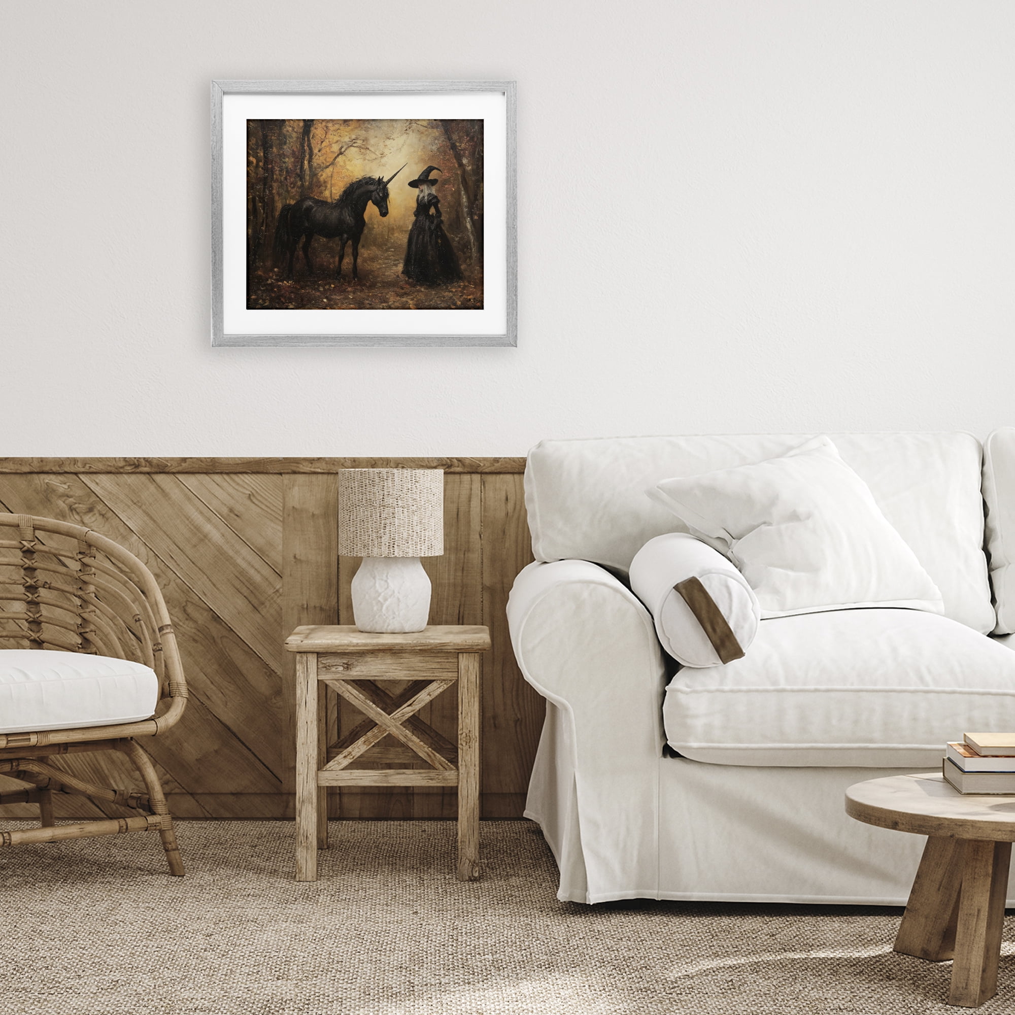 Witch & Black Unicorn Gray Framed Print Under Glass, design by Arlington Prints