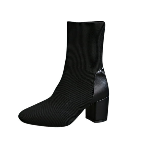 Black Mid Calf Boots For Womens High Heel Round Toe Casual Comfortable Daily Wear Outdoor Indoor Fashionable Footwear For All Seasons Size 36