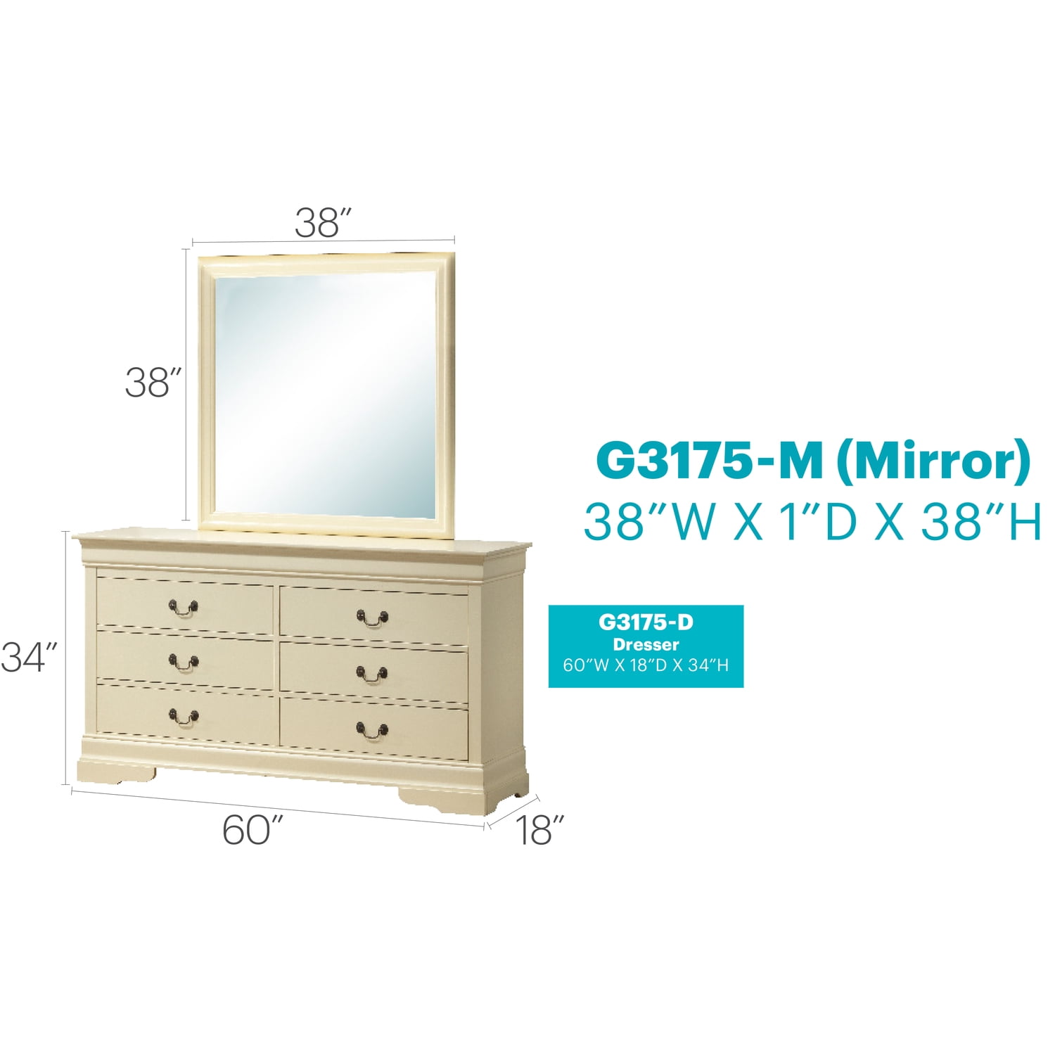 Glory Furniture Louis Phillipe 6 Drawer Dresser in Beige