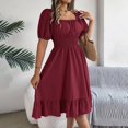 thumbnail image 3 of Square Neck Ruffle Hem Dress for Women Cute Short Puff Sleeve Dresses Casual Ruffle Shirred Flowy Party Dress, 3 of 9