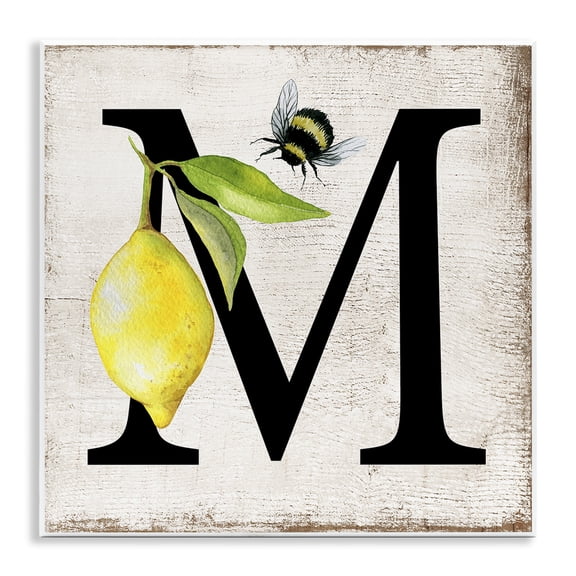 Stupell Industries Lemon & Bee M Letter Insects Painting Unframed Art Print Wall Art, 12 x 12