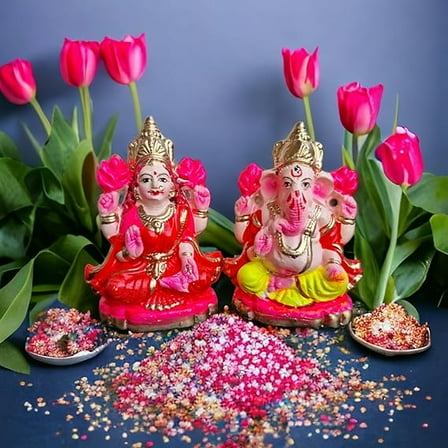 Terracotta Goddess Lakshmi and Lord Ganesh Idol/Statue/Murti Decorative Showpiece, Ganesha Laxmi Mitti Figurine for Puja(Silver Mukut)