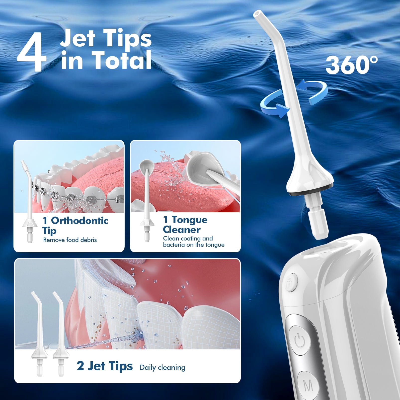 Cordless Water Flosser Dental Teeth Cleaner, 4 Jet Tips 4 Modes Oral Irrigator Portable, 300ML Tank USB Rechargeable IPX7 Waterproof, White