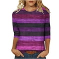 thumbnail image 2 of Tops for Women Plus Size 3/4 Sleeve Stripe Color Block Print Round-Neck Casual T-shirt Blouse Purple,Shirts for Women, 2 of 5