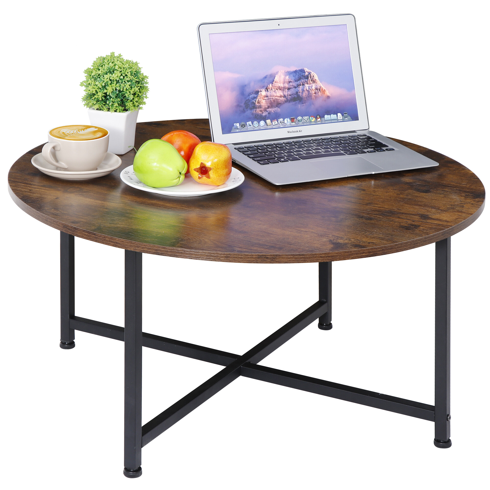 HomGarden 31.5-Inch Industrial Round Coffee Table with X-Base Metal Legs, Sofa Side Table Retro Cocktail Table for Home Office, Living Room, Rustic Brown - image 2 of 11