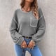 thumbnail image 2 of Suéter holgado de cuello redondo con bolsillo en el pecho para otoño/invierno, talla XL, manga murciélago, top de punto gris, 2 of 6