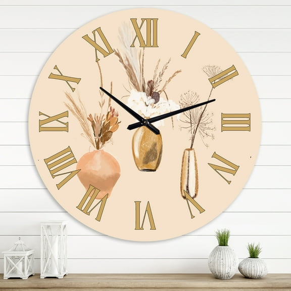 Designart 'Bouquets Of Wildflowers In Gold Vases I' Traditional Wall Clock