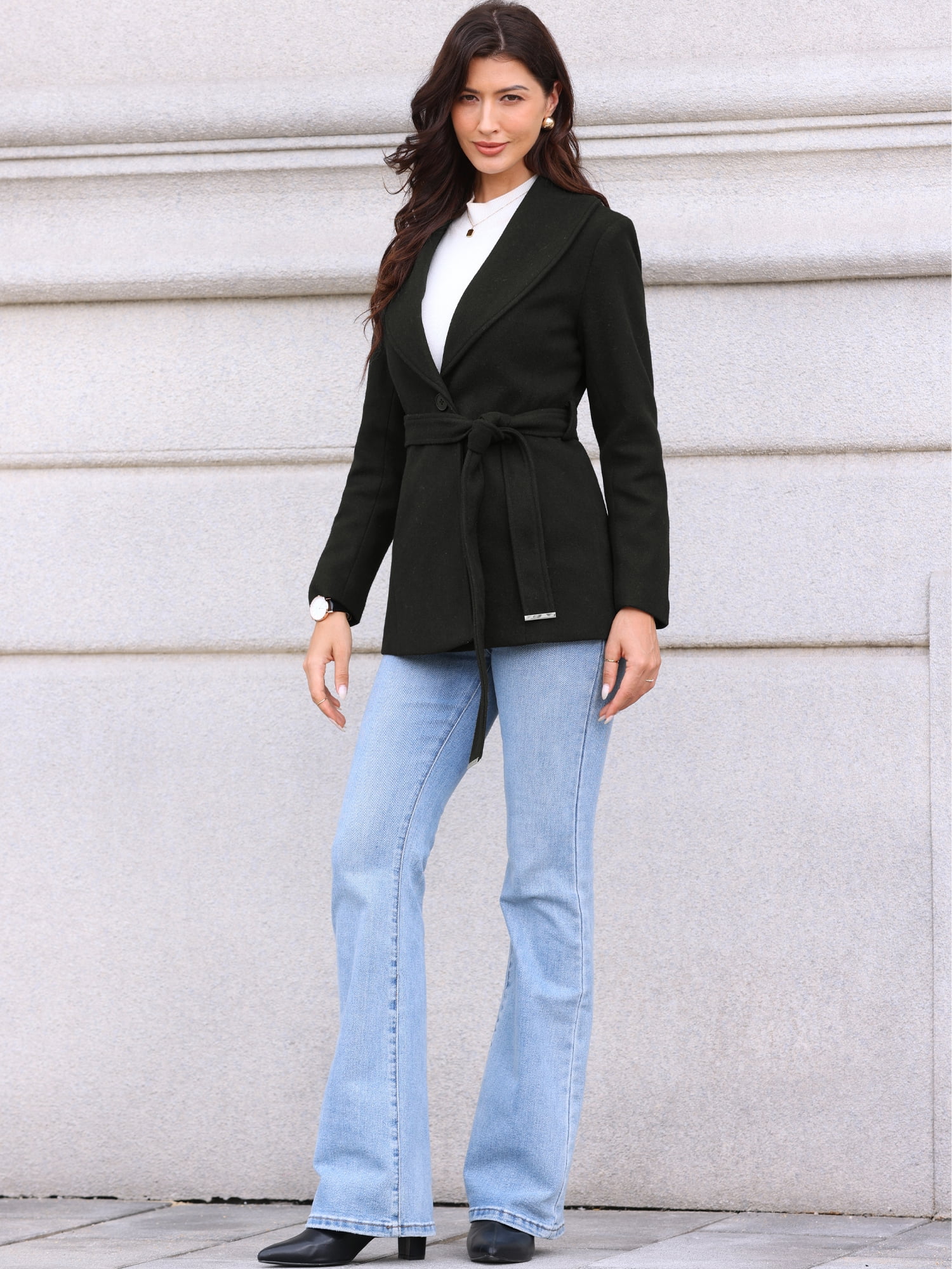 DARING DIVA Women's Lapel Collar One Button Overcoat with Belt S Black