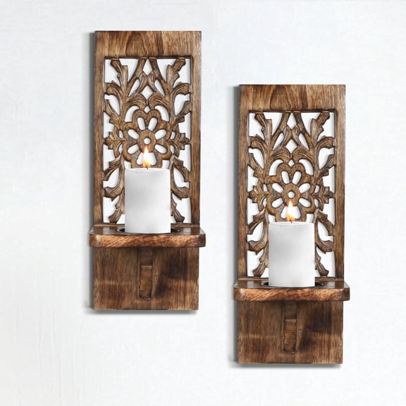 Wall Mounted Candle Sconces Set of 2 - Decorative Hand-Carved Wooden Candle Holders, Farmhouse Style, Perfect for Living Room, Bedroom & Kitchen Wall Décor - 16 Inch - Burnt Antique