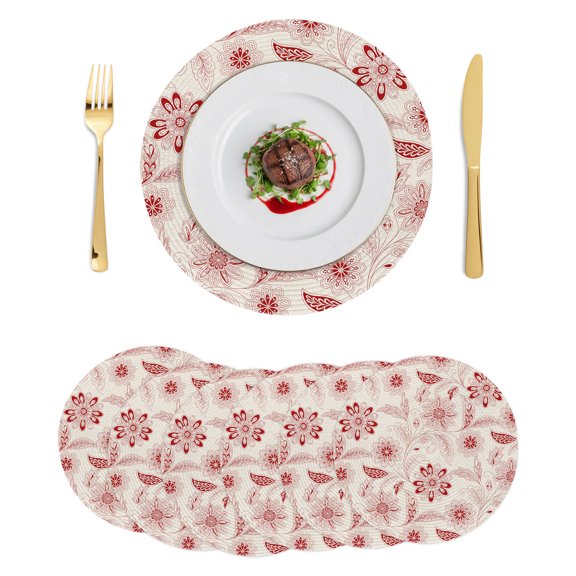 Round Placemats Red Paisley Pattern 15 inch Set of 6 Table Mats for Dining Table Boho Tribal Vintage Flowers Heat Resistant Non-Slip Kitchen & Home Decorative Place Mat Set