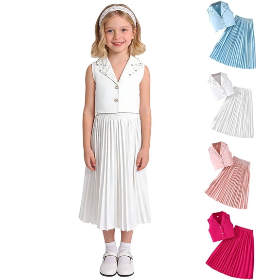 Bixock Onefit Sets for Kids Big Girls Blazer Collar Crystal Top and Solid Pleated Skirt Two Piece Onefit Sets