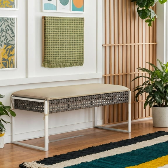 Spaco 43 Inch Patio Ottoman Pack of 2, Rectangle Ottoman with Metal Legs and Seat Cushion for Patio, Garden, Backyard, Beige