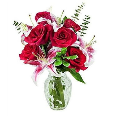 KaBloom: Fall Collection-Bouquet of Fresh Cut Flower 6 Red Roses and 5 Pink Stargazer in vase,Next-Day Delivery, Gift of Fresh Flowers for Every Occasion.