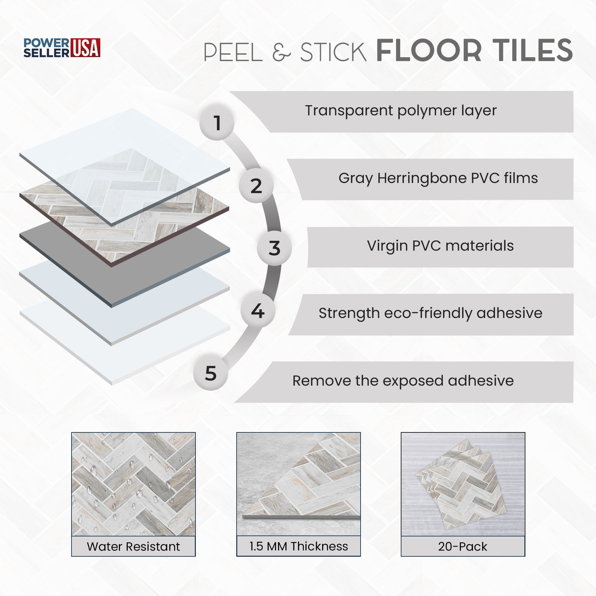 PowerSellerUSA Self-Stick Vinyl Modern Geometric Floor Tiles Ultra Durable 1.5mm Thick Tiles, 1-Pack/20 Square Ft., 12" x 12", Gray Herringbone