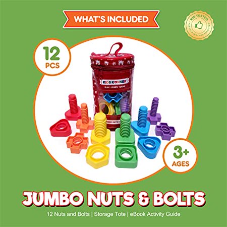 Jumbo Nuts and Bolts For Toddlers - Fine Motor Skills Rainbow Matching Game Montessori Toys For 3 Year Old Boys and Girls | 12 pc Occupational Therapy Educational Toys with Toy Storage + eBook