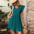 thumbnail image 4 of Dvprdro V Neck Short Flared Sleeve Ruffle Hem Loose A Line Mini Dress for Women Summer Beach Casual Solid, 4 of 7