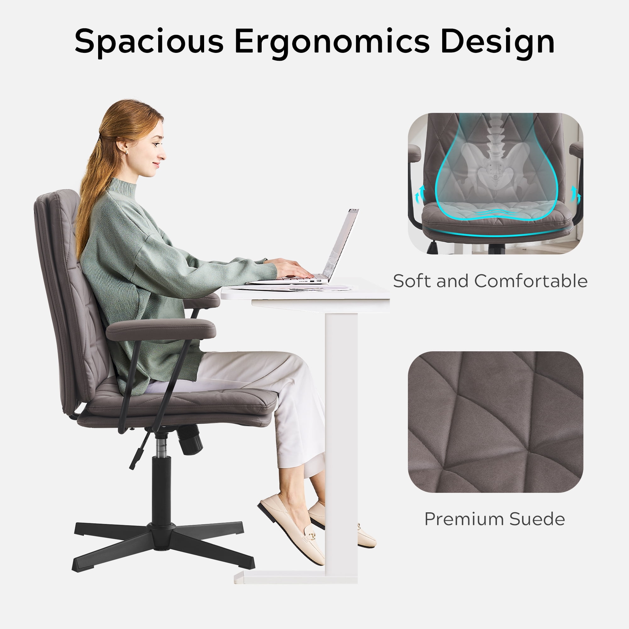 EYYTHUNG Swivel Home Desk Chair with Arms, Adjustable Working Computer Chair, No Wheels, Brown