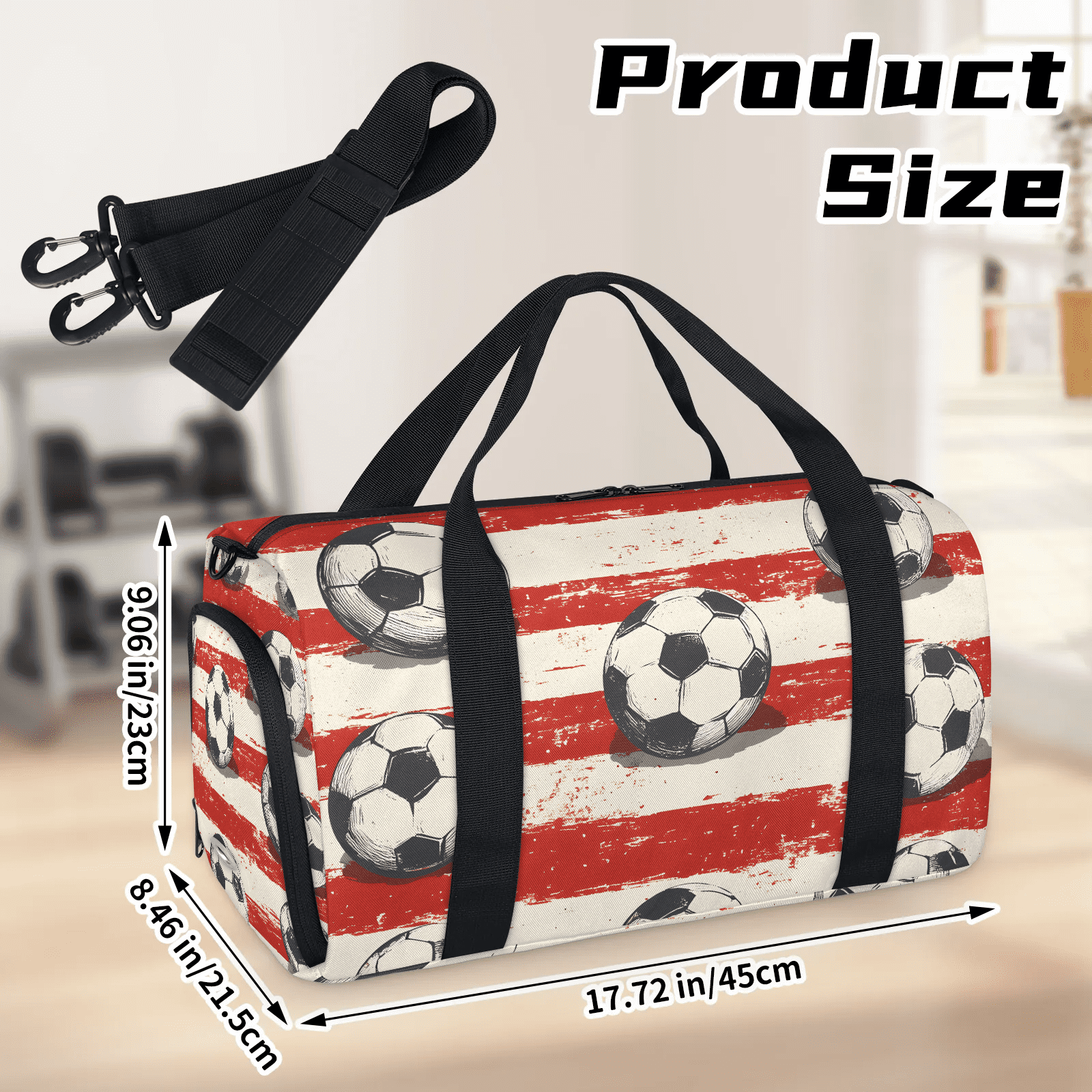 Travel Duffel Bag for Sports Gear, Weekender Carry-On Bag with Shoe Compartment, 17.72x9.06x8.46 Inches, Soccer Ball Print