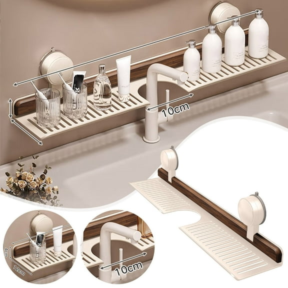 Bathroom Sink Organizer Suction Cup Rack | No-Drill Aluminum Alloy & Walnut | Waterproof Space-Saving Toothbrush Toothpaste Soap Holder | Easy Install, Durable Bathroom Storage Solution